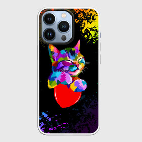 Чехол для iPhone 13 Pro с принтом РАДУЖНЫЙ КОТИК   RAINBOW KITTY в Новосибирске,  |  | Тематика изображения на принте: heart | kitty | like | low poly | rainbow | животные | звери | котик | лайк | радуга | радужный котик | сердечко | цветные