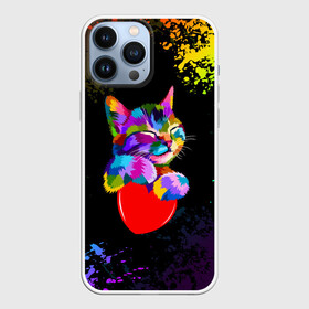 Чехол для iPhone 13 Pro Max с принтом РАДУЖНЫЙ КОТИК   RAINBOW KITTY в Новосибирске,  |  | Тематика изображения на принте: heart | kitty | like | low poly | rainbow | животные | звери | котик | лайк | радуга | радужный котик | сердечко | цветные