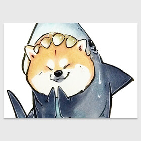 Поздравительная открытка с принтом Акуло-пёс в Новосибирске, 100% бумага | плотность бумаги 280 г/м2, матовая, на обратной стороне линовка и место для марки
 | Тематика изображения на принте: акита ину | акула | арт | костюм | пёс | рисунок | рыжая собака | рыжий пёс | сиба ину | собака