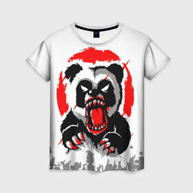 Женская футболка 3D с принтом Злая Кровавая Панда в Новосибирске, 100% полиэфир ( синтетическое хлопкоподобное полотно) | прямой крой, круглый вырез горловины, длина до линии бедер | animal | beast | blood | fire | monster | panda | животные | звери | зубы | кровь | монстр | огонь | панда | хищник