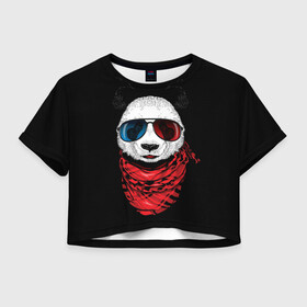 Женская футболка Crop-top 3D с принтом Панда Хипстер в Очках в Новосибирске, 100% полиэстер | круглая горловина, длина футболки до линии талии, рукава с отворотами | animal | funny | panda | животные | звери | милые | очки | панда | прикол | хипстер