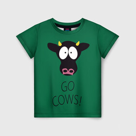Детская футболка 3D с принтом Go Cows в Новосибирске, 100% гипоаллергенный полиэфир | прямой крой, круглый вырез горловины, длина до линии бедер, чуть спущенное плечо, ткань немного тянется | cow | south park | sport | коровы | мульт | мультфильм | спорт | южный парк