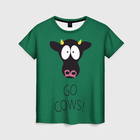 Женская футболка 3D с принтом Go Cows в Новосибирске, 100% полиэфир ( синтетическое хлопкоподобное полотно) | прямой крой, круглый вырез горловины, длина до линии бедер | cow | south park | sport | коровы | мульт | мультфильм | спорт | южный парк