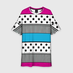 Детское платье 3D с принтом Молодежный современный узор в Новосибирске, 100% полиэстер | прямой силуэт, чуть расширенный к низу. Круглая горловина, на рукавах — воланы | звезды | модный | полосатый пэчворк | полосатый узор | популярный | пэчворк | розовый | черный