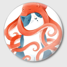 Значок с принтом Осьминожья шапочка в Новосибирске,  металл | круглая форма, металлическая застежка в виде булавки | арт | кот | котик | кошка | обнимашки | осьминог | рисунок