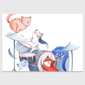 Поздравительная открытка с принтом Кошачья группа в Новосибирске, 100% бумага | плотность бумаги 280 г/м2, матовая, на обратной стороне линовка и место для марки
 | Тематика изображения на принте: арт | барабаны | группа | кот | котик | кошачья группа | кошачья стая | кошка | музыка | музыкальная группа | музыканты | рисунок