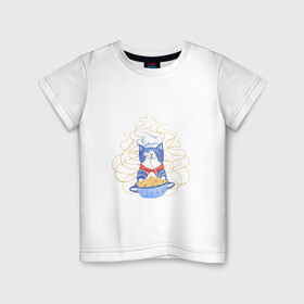 Детская футболка хлопок с принтом Котик-повар в Новосибирске, 100% хлопок | круглый вырез горловины, полуприлегающий силуэт, длина до линии бедер | арт | кот | котик | кошка | макароны | паста | повар | рисунок | спагетти