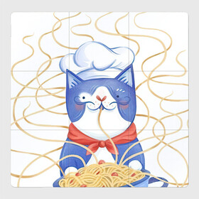 Магнитный плакат 3Х3 с принтом Котик-повар в Новосибирске, Полимерный материал с магнитным слоем | 9 деталей размером 9*9 см | Тематика изображения на принте: арт | кот | котик | кошка | макароны | паста | повар | рисунок | спагетти