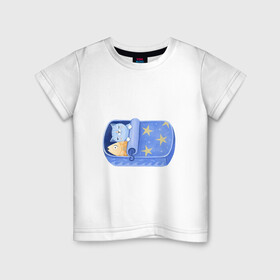 Детская футболка хлопок с принтом Сладкие сны в Новосибирске, 100% хлопок | круглый вырез горловины, полуприлегающий силуэт, длина до линии бедер | арт | звезда | звёзды | консервы | кот | котик | кошка | ночь | рисунок | рыба | рыбка | сны | сон | спокойной ночи
