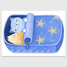 Поздравительная открытка с принтом Сладкие сны в Новосибирске, 100% бумага | плотность бумаги 280 г/м2, матовая, на обратной стороне линовка и место для марки
 | арт | звезда | звёзды | консервы | кот | котик | кошка | ночь | рисунок | рыба | рыбка | сны | сон | спокойной ночи