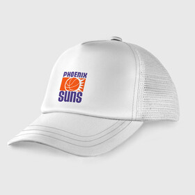 Детская кепка тракер с принтом Phoenix Suns в Новосибирске, Козырек - 100% хлопок. Кепка - 100% полиэстер, Задняя часть - сетка | универсальный размер, пластиковая застёжка | Тематика изображения на принте: basketball | mvp | nba | phoenix | sport | streetball | suns | аризона | баскетбол | игра | крис пол | мяч | нба | санс | спорт | стритбол | тренер | финикс | чемпион