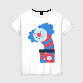 Женская футболка хлопок с принтом Жуткий клоун-сюрприз в коробке в Новосибирске, 100% хлопок | прямой крой, круглый вырез горловины, длина до линии бедер, слегка спущенное плечо | веселье | жутко | клоун | мило | монстры | персонаж | существа | сюрприз
