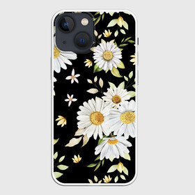 Чехол для iPhone 13 mini с принтом Ромашки на черном фоне в Новосибирске,  |  | Тематика изображения на принте: девушкам | девушке | природа | ромахи | ромашки | рошамшка | цветочки | цветы