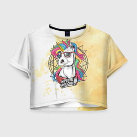 Женская футболка Crop-top 3D с принтом Hipster unicorn в Новосибирске, 100% полиэстер | круглая горловина, длина футболки до линии талии, рукава с отворотами | Тематика изображения на принте: арт | графика | единорог | животные | звери | пони