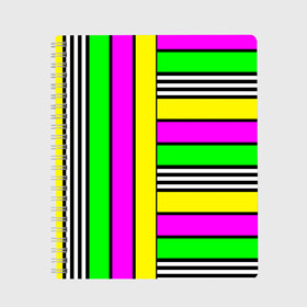 Тетрадь с принтом полосатый неоновый модный узор в Новосибирске, 100% бумага | 48 листов, плотность листов — 60 г/м2, плотность картонной обложки — 250 г/м2. Листы скреплены сбоку удобной пружинной спиралью. Уголки страниц и обложки скругленные. Цвет линий — светло-серый
 | желтый неоновый | молодежный | неон | неоновый | неоновый зеленый | полосатый | разноцветный | розовый неоновый