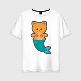 Женская футболка хлопок Oversize с принтом Cat Mermaid в Новосибирске, 100% хлопок | свободный крой, круглый ворот, спущенный рукав, длина до линии бедер
 | animal | cat | cute | fish | kitty | meow | друг | животные | киска | кися | китти | кот | котенок | котик | котэ | кошечка | кошка | мур | мяу | питомец | русалка | русалочка | рыба