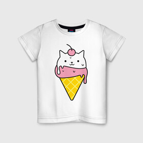 Детская футболка хлопок с принтом Ice Cream Cat в Новосибирске, 100% хлопок | круглый вырез горловины, полуприлегающий силуэт, длина до линии бедер | animal | cat | cute | ice cream | kitty | meow | друг | животные | киска | кися | китти | кот | котенок | котик | котэ | кошечка | кошка | мороженое | мур | мяу | питомец