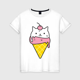 Женская футболка хлопок с принтом Ice Cream Cat в Новосибирске, 100% хлопок | прямой крой, круглый вырез горловины, длина до линии бедер, слегка спущенное плечо | animal | cat | cute | ice cream | kitty | meow | друг | животные | киска | кися | китти | кот | котенок | котик | котэ | кошечка | кошка | мороженое | мур | мяу | питомец