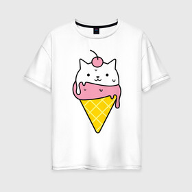 Женская футболка хлопок Oversize с принтом Ice Cream Cat в Новосибирске, 100% хлопок | свободный крой, круглый ворот, спущенный рукав, длина до линии бедер
 | animal | cat | cute | ice cream | kitty | meow | друг | животные | киска | кися | китти | кот | котенок | котик | котэ | кошечка | кошка | мороженое | мур | мяу | питомец