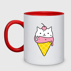 Кружка двухцветная с принтом Ice Cream Cat в Новосибирске, керамика | объем — 330 мл, диаметр — 80 мм. Цветная ручка и кайма сверху, в некоторых цветах — вся внутренняя часть | animal | cat | cute | ice cream | kitty | meow | друг | животные | киска | кися | китти | кот | котенок | котик | котэ | кошечка | кошка | мороженое | мур | мяу | питомец