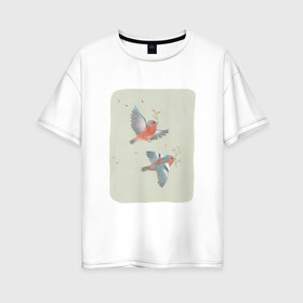 Женская футболка хлопок Oversize с принтом Весенние птицы в Новосибирске, 100% хлопок | свободный крой, круглый ворот, спущенный рукав, длина до линии бедер
 | арт | весенние птицы | весна | веточка | веточки | красные лепестки | красные цветы | красный лепесток | красный цветок | лепестки | лепесток | природа | птица | птицы | рисунок | цветок. цветы