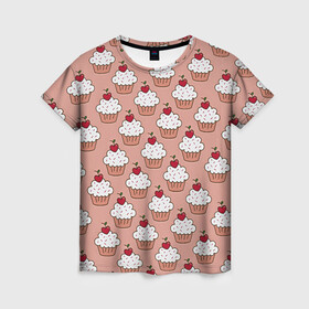 Женская футболка 3D с принтом Вишенка на кексе в Новосибирске, 100% полиэфир ( синтетическое хлопкоподобное полотно) | прямой крой, круглый вырез горловины, длина до линии бедер | вафля | вишенка | выпечка | для девушек | еда | кекс | кексик | маффин | пирожное | рисунок