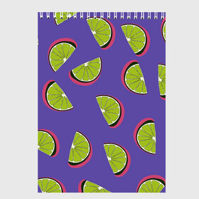 Скетчбук с принтом Лаймы в Новосибирске, 100% бумага
 | 48 листов, плотность листов — 100 г/м2, плотность картонной обложки — 250 г/м2. Листы скреплены сверху удобной пружинной спиралью | Тематика изображения на принте: зелёная | лайм | фиолетовая | фрукты | цитрус