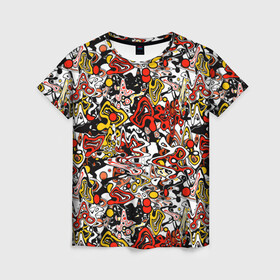 Женская футболка 3D с принтом Абстрактный разноцветный узор в Новосибирске, 100% полиэфир ( синтетическое хлопкоподобное полотно) | прямой крой, круглый вырез горловины, длина до линии бедер | абстрактный | граффити | желтый | красный | мазня | молодежный | популярный | разноцветный | рисунок | современный | черный