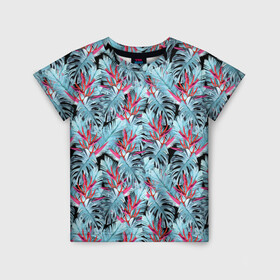 Детская футболка 3D с принтом Розово-голубой тропический  в Новосибирске, 100% гипоаллергенный полиэфир | прямой крой, круглый вырез горловины, длина до линии бедер, чуть спущенное плечо, ткань немного тянется | листья | листья монстеры | монстера | папоротник | пляжный | тропический | цветочный