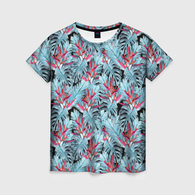 Женская футболка 3D с принтом Розово-голубой тропический  в Новосибирске, 100% полиэфир ( синтетическое хлопкоподобное полотно) | прямой крой, круглый вырез горловины, длина до линии бедер | листья | листья монстеры | монстера | папоротник | пляжный | тропический | цветочный