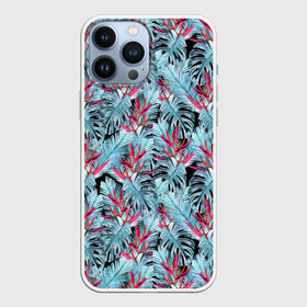 Чехол для iPhone 13 Pro Max с принтом Розово голубой тропический в Новосибирске,  |  | листья | листья монстеры | монстера | папоротник | пляжный | тропический | цветочный