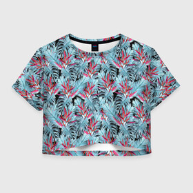 Женская футболка Crop-top 3D с принтом Розово-голубой тропический  в Новосибирске, 100% полиэстер | круглая горловина, длина футболки до линии талии, рукава с отворотами | листья | листья монстеры | монстера | папоротник | пляжный | тропический | цветочный