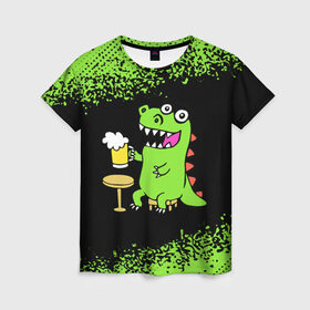 Женская футболка 3D с принтом Пивозавр - Краска в Новосибирске, 100% полиэфир ( синтетическое хлопкоподобное полотно) | прямой крой, круглый вырез горловины, длина до линии бедер | dinosaur | pivo | pivozavr | динозавр | краска | прикол | спрей
