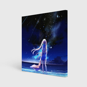 Холст квадратный с принтом Animegirl Night Sea в Новосибирске, 100% ПВХ |  | аниме девушка | градиент | девочка | звезды | луна | море | на каждый день | небо | облака | океан | персонаж | синее | синий