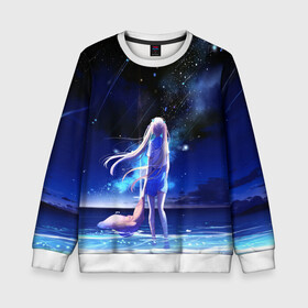 Детский свитшот 3D с принтом Animegirl Night Sea в Новосибирске, 100% полиэстер | свободная посадка, прямой крой, мягкая тканевая резинка на рукавах и понизу свитшота | аниме девушка | градиент | девочка | звезды | луна | море | на каждый день | небо | облака | океан | персонаж | синее | синий