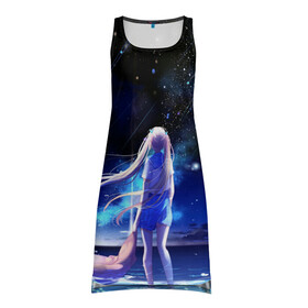Платье-майка 3D с принтом Animegirl Night Sea в Новосибирске, 100% полиэстер | полуприлегающий силуэт, широкие бретели, круглый вырез горловины, удлиненный подол сзади. | аниме девушка | градиент | девочка | звезды | луна | море | на каждый день | небо | облака | океан | персонаж | синее | синий