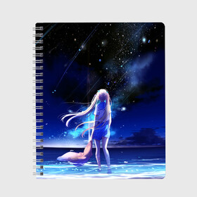 Тетрадь с принтом Animegirl Night Sea в Новосибирске, 100% бумага | 48 листов, плотность листов — 60 г/м2, плотность картонной обложки — 250 г/м2. Листы скреплены сбоку удобной пружинной спиралью. Уголки страниц и обложки скругленные. Цвет линий — светло-серый
 | аниме девушка | градиент | девочка | звезды | луна | море | на каждый день | небо | облака | океан | персонаж | синее | синий