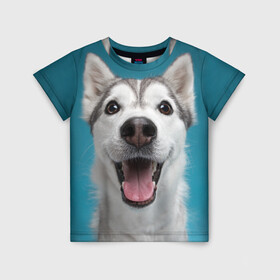 Детская футболка 3D с принтом Хаски в Новосибирске, 100% гипоаллергенный полиэфир | прямой крой, круглый вырез горловины, длина до линии бедер, чуть спущенное плечо, ткань немного тянется | dog | дог | домашние животные | звери | сибирский хаски | собака | собаки | хаски