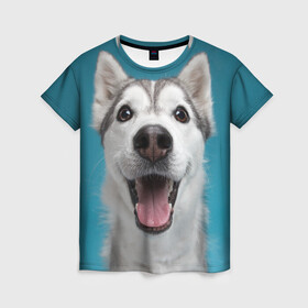 Женская футболка 3D с принтом Хаски в Новосибирске, 100% полиэфир ( синтетическое хлопкоподобное полотно) | прямой крой, круглый вырез горловины, длина до линии бедер | dog | дог | домашние животные | звери | сибирский хаски | собака | собаки | хаски
