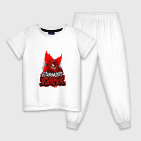 Детская пижама хлопок с принтом Friday Night Funkin Tricky в Новосибирске, 100% хлопок |  брюки и футболка прямого кроя, без карманов, на брюках мягкая резинка на поясе и по низу штанин
 | black | character | clown | demon | fire | fnf | friday night funkin | red | tricky | white | белый | буквы | демон | игра | картинка | клоун | красный | логотип | микрофон | огонь | персонаж | рисовка | трещины | трики | фрайдей | черный