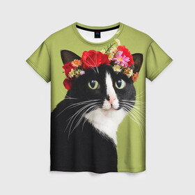 Женская футболка 3D с принтом Кот и цветы в Новосибирске, 100% полиэфир ( синтетическое хлопкоподобное полотно) | прямой крой, круглый вырез горловины, длина до линии бедер | cat | домашние животные | кот | коты | кошка | кошки | цветы | черный кот