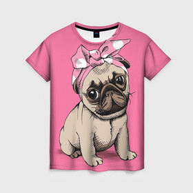 Женская футболка 3D с принтом Мопс | собака в Новосибирске, 100% полиэфир ( синтетическое хлопкоподобное полотно) | прямой крой, круглый вырез горловины, длина до линии бедер | dog | дог | домашние животные | звери | мопс | мопсик | розовое | собака | собаки | собачка | собачки