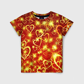 Детская футболка 3D с принтом Любовный взрыв в Новосибирске, 100% гипоаллергенный полиэфир | прямой крой, круглый вырез горловины, длина до линии бедер, чуть спущенное плечо, ткань немного тянется | Тематика изображения на принте: любовь | салют | сердечки | сердца | сердце | фейверк