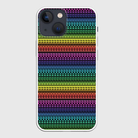 Чехол для iPhone 13 mini с принтом Этнический радужный орнамент в Новосибирске,  |  | ажурный | желтый | красный | неоновый | орнамент | полосатый | популярный | радуга | разноцветный | современный | фиолетовый | этнический
