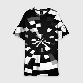 Детское платье 3D с принтом Черно-белый фон иллюзии в Новосибирске, 100% полиэстер | прямой силуэт, чуть расширенный к низу. Круглая горловина, на рукавах — воланы | Тематика изображения на принте: абстрактный | геометрический | дизайн | иллюзия | кривая | линии | пиксель | текстура | узор