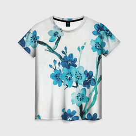 Женская футболка 3D с принтом Голубая сакура в Новосибирске, 100% полиэфир ( синтетическое хлопкоподобное полотно) | прямой крой, круглый вырез горловины, длина до линии бедер | акварель | белый | нежный | растительное | рисунок | цветочный | цветы