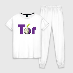 Женская пижама хлопок с принтом ТОР / TOR PROJECT BROWSER в Новосибирске, 100% хлопок | брюки и футболка прямого кроя, без карманов, на брюках мягкая резинка на поясе и по низу штанин | tor browser | torproject | анонимность | анонимный браузер | взлом | даркнет | зеркала | луковица | тор браузер | хакер | черный интернет.
