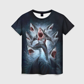 Женская футболка 3D с принтом АКУЛА МОНСТР в Новосибирске, 100% полиэфир ( синтетическое хлопкоподобное полотно) | прямой крой, круглый вырез горловины, длина до линии бедер | animals | beast | f8sh | hungry | monstr | ocean | sea | shark | акула | животные | звери | монстр | море | океан | рыба | флот | хищник