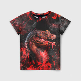 Детская футболка 3D с принтом Опасный Динозавр | Red Dino (Z) в Новосибирске, 100% гипоаллергенный полиэфир | прямой крой, круглый вырез горловины, длина до линии бедер, чуть спущенное плечо, ткань немного тянется | dino | dinosauria | red dino | t rex | ti rex | дино | динозавр | красный динозавр | парк юрского | т рекс | ти рекс | хищник | чудовище | юрский период | ящер | ящерица