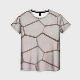 Женская футболка 3D с принтом Ячейки в Новосибирске, 100% полиэфир ( синтетическое хлопкоподобное полотно) | прямой крой, круглый вырез горловины, длина до линии бедер | 3d | бежевый | бетон | плиты | серый | соты | спокойный | структура | текстура | ячеистый